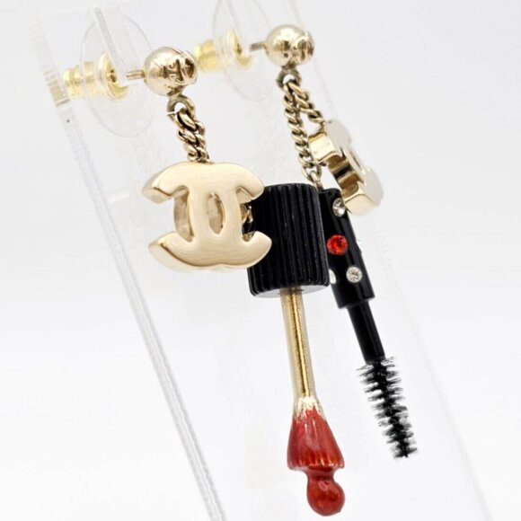 CHANEL CC Logos Cosmetics Makeup Charm Earrings Gold Tone 04A Auth w/Box - Picture 3 of 6